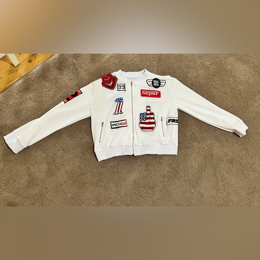 White Patchwork Bomber Jacket With Americana Patc… - image 4